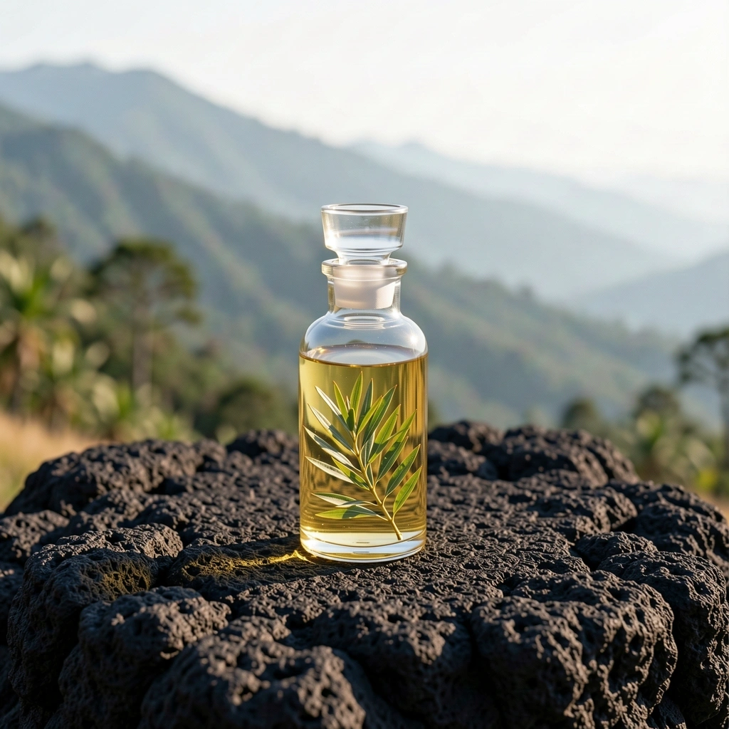 Natural extract bottle on volcanic rock